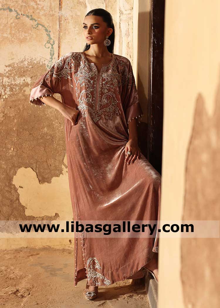 Tea rose Pink Women Kaftan with embellishment 